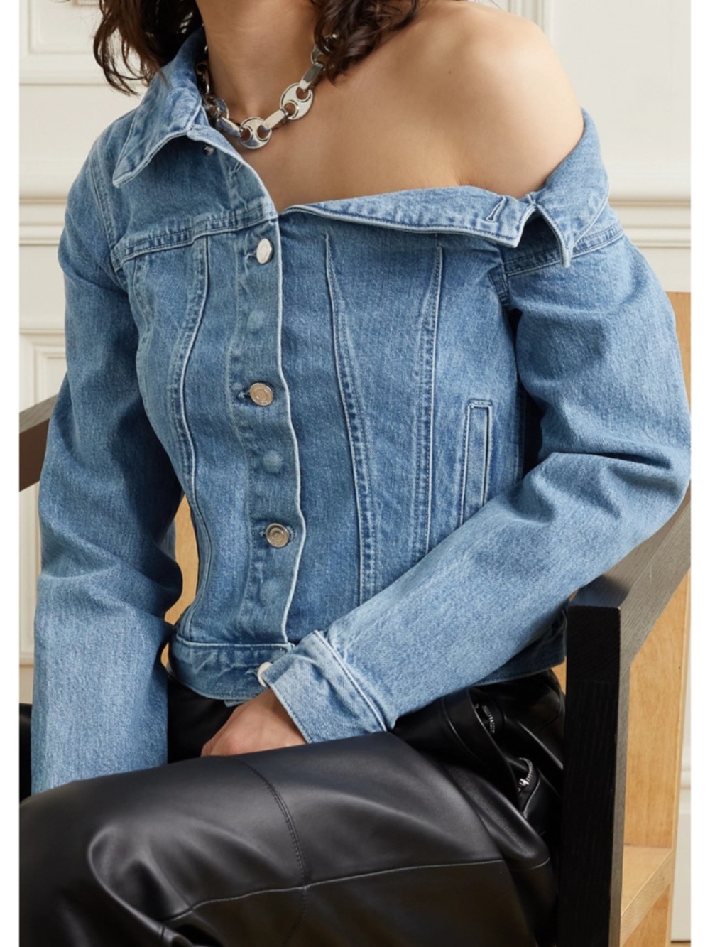 (135) NEW RtA Rebecca One Shoulder Denim Jacket Natural Blue XS